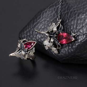 Jewelry That Speaks for You: Handmade Thistle Rubellite Set in Sterling Silver, Gothic Botanical Statement Pieces